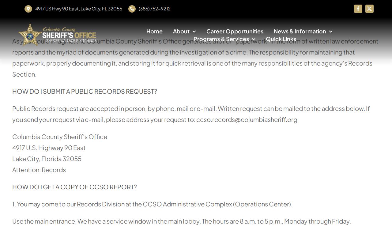Columbia County arrest record request channels
