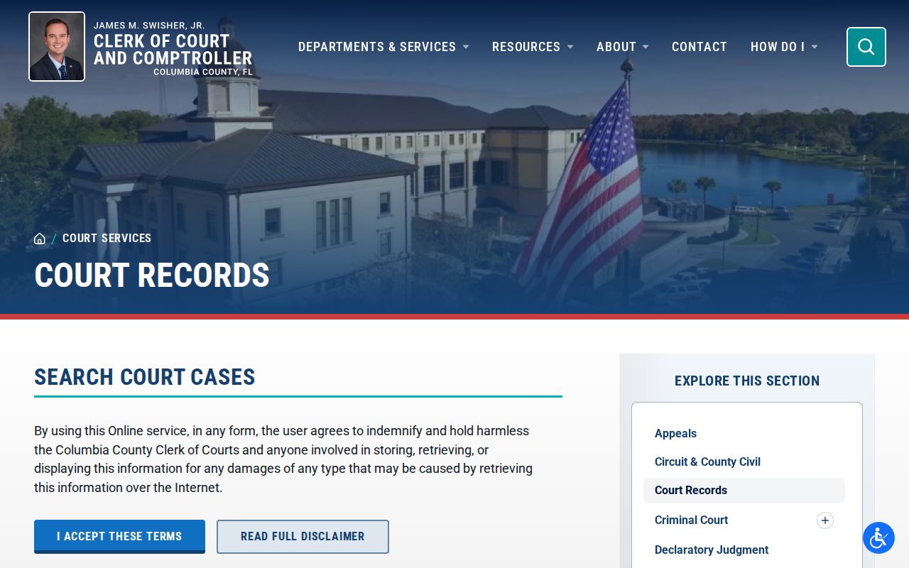 Columbia County Clerk court record search terms screen