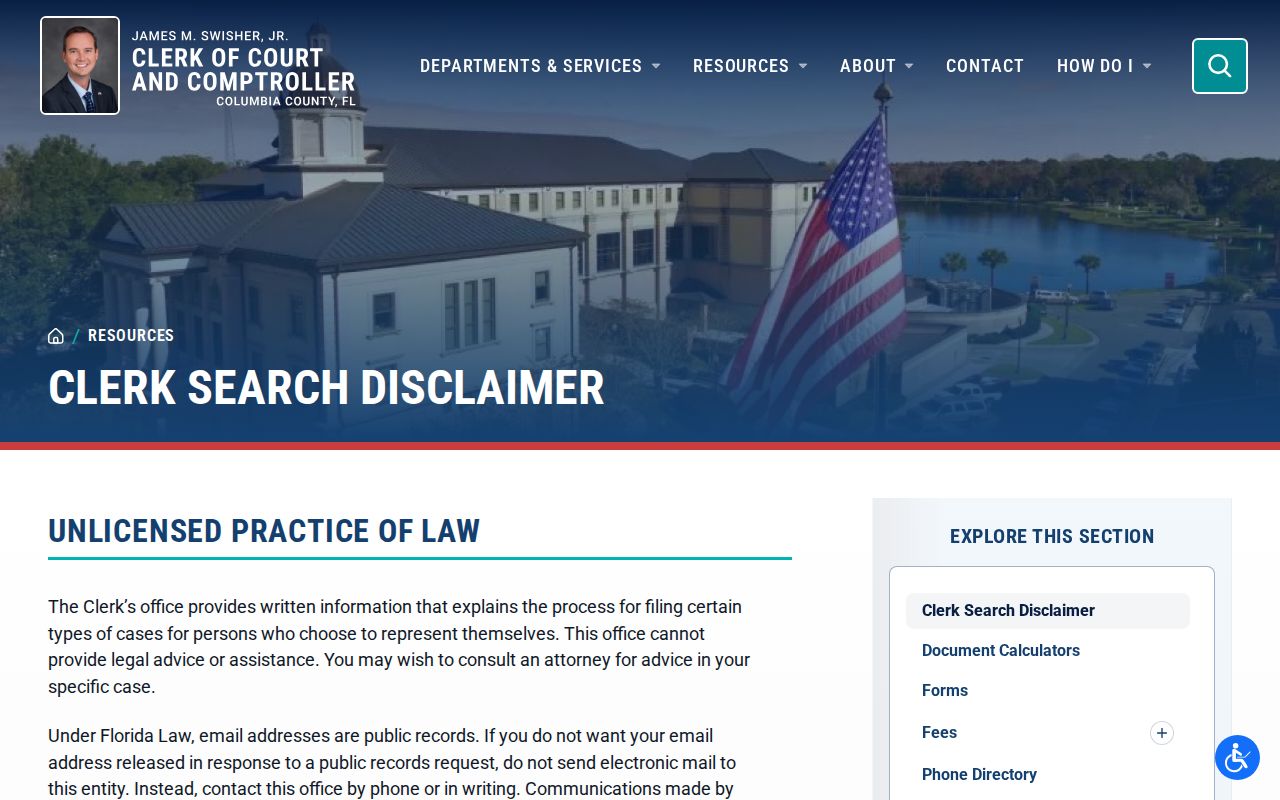 Columbia County Clerk disclaimer describing the daily court-record refresh