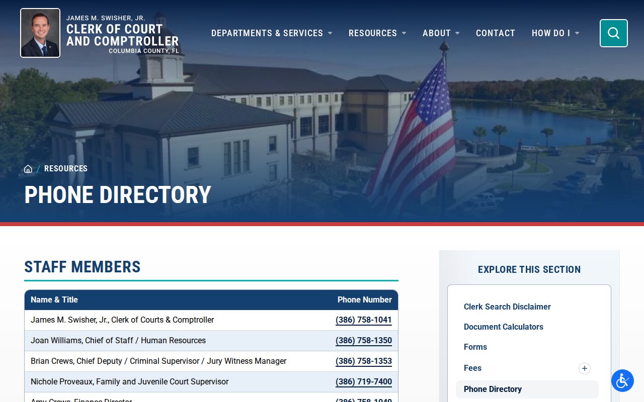 Columbia County Clerk phone directory with direct criminal court contacts