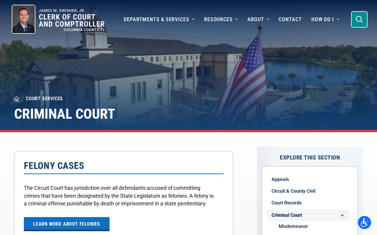 Columbia County Clerk criminal court page showing felony and misdemeanor routing