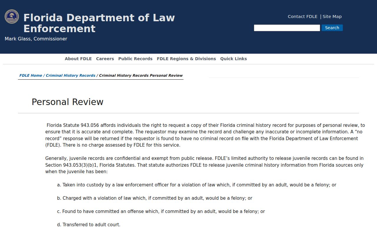 FDLE fingerprint-based personal criminal history review instructions