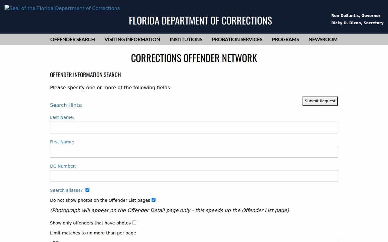 Florida Department of Corrections offender custody and supervision search
