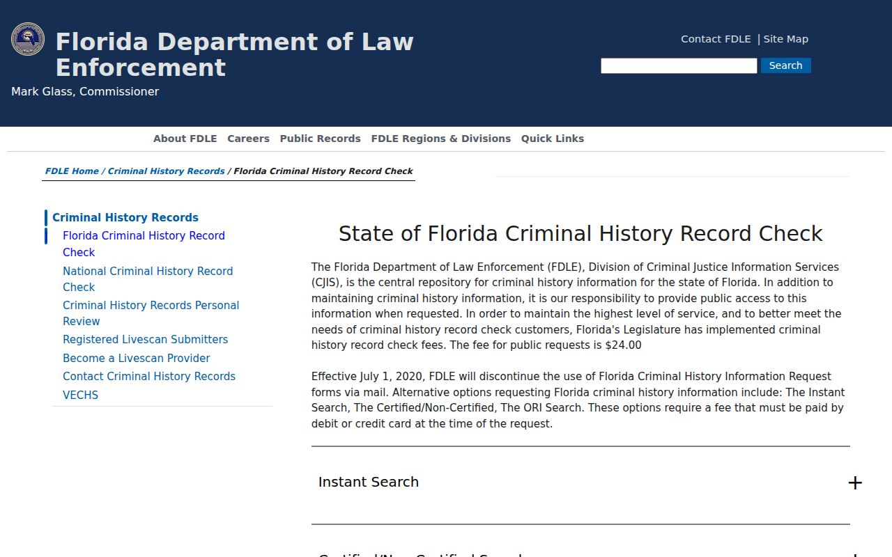 FDLE Florida criminal history check types and fee information