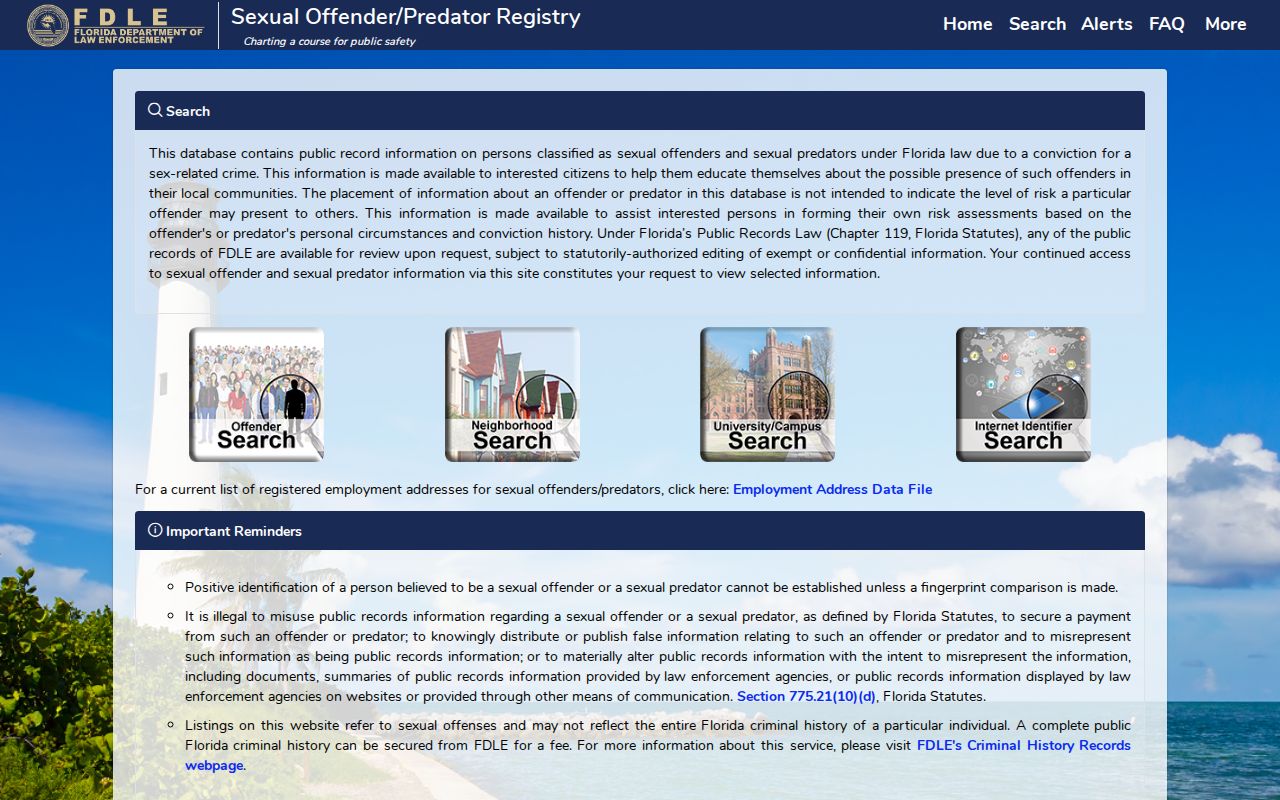 Columbia County sex offender lookup form on the FDLE registry